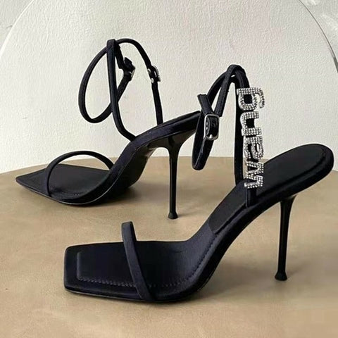 Square Toe Sandals heel with Crystal Letters