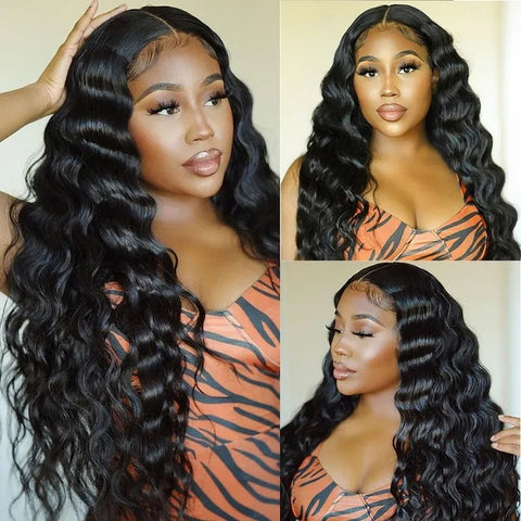 AWURA T-Part Loose Deep Wave Lace Front Wigs Human Hair