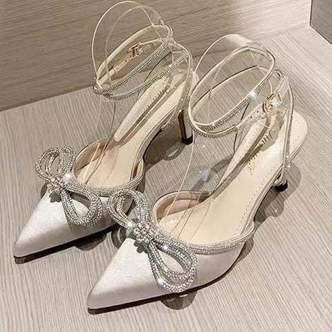 Clear Rhinestone Ankle Strap Pumps Heels with Crystal Double Bows